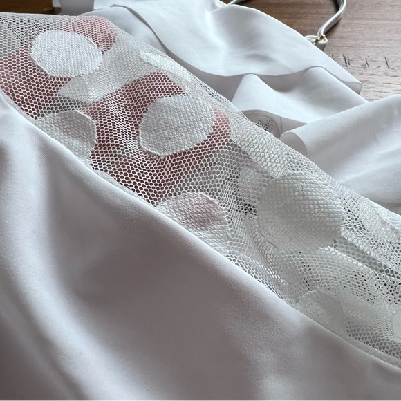 Aura White One Piece Swimsuit Sheer Panels Polka Dots Off Shoulder Size Small - Picture 8 of 11